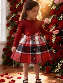 SHEIN 2pcs/Set Young Girl Ruffle Trim Red Long Sleeve T-Shirt And Plaid Butterfly Print Skirt Girls Red And Plaid Sets Red Kids Dress Girl Plaid Dress Red Skirts Sets Little Kids Girls Dress Winter - Burgundy - View 9