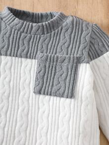 SHEIN 2件套婴儿/男童休闲灰色、蓝色和白色条纹针织上衣，肩部带口袋和纽扣，圆领长袖，搭配松紧腰裤，面料柔软舒适，适合春、秋、冬季户外、居家、休闲穿着。 - 彩色 - 查看 10