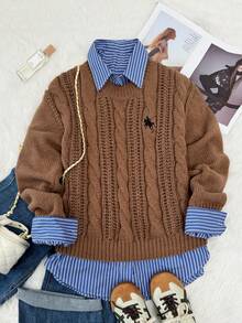 SHEIN Unity Suéter de punto de manga larga con cuello redondo, bordado con elemento de caballo de caballero, de moda para mujer en otoño/invierno, color camello - Marrón - Ver 1