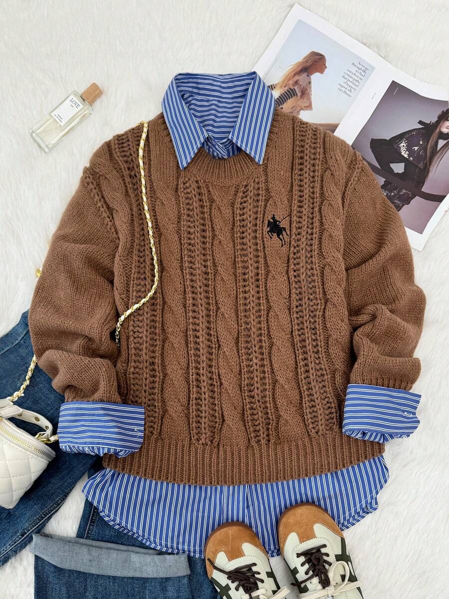 SHEIN Unity Suéter de punto de manga larga con cuello redondo, bordado con elemento de caballo de caballero, de moda para mujer en otoño/invierno, color camello - Marrón - Ver 1