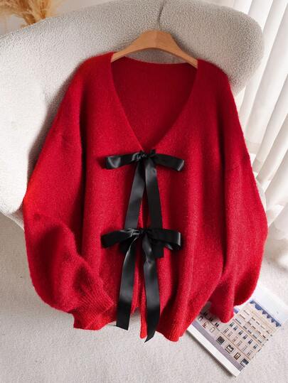 CosyJoli Cárdigan casual con nudo delantero, talla grande, otoño/invierno