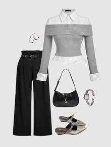 SHEIN MOD Plus Size Gray Knit Patchwork Striped 2 In 1 Top, Back To School. Sophisticated And Elegant 2 In 1 Top, Perfect For Office Wear. Elegant Office Attire - Grey - View 1
