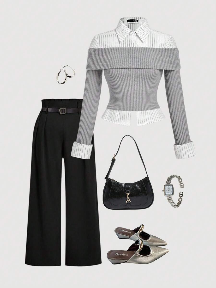 SHEIN MOD Plus Size Gray Knit Patchwork Striped 2 In 1 Top, Back To School. Sophisticated And Elegant 2 In 1 Top, Perfect For Office Wear. Elegant Office Attire - Grey - View 1