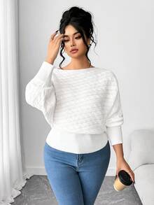 Elenzga Plus Size Batwing Sleeve Drawstring Asymmetrical Knit Sweater, Thick White Pullover Top For Winter - White - View 7