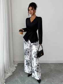 Elenzga Set elegant de 2 piese pentru femei, toamnă/iarnă, cu top cu curea și pantaloni imprimați, potrivit pentru întoarcerea la școală, Ziua Recunoștinței, ținută de profesor, zilnic, naveta, întâlnire, ceai de după-amiază - Multicolor - Vizualizare 5