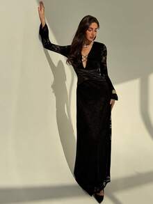 Aloruh Đầm ôm sát tay dài ren cổ chữ V sâu đan chéo dành cho nữ - màu đen - Xem 7