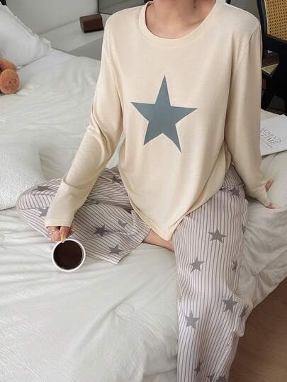 Dream Adore Fresh Round Neck Long Sleeve Star Gestreepte Straight Leg Pajama Set Women Korean Pyjama Fall Clothes view 3