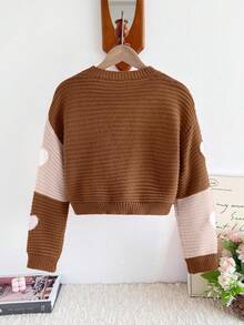 SHEIN 秋冬季可爱俏皮的粉白撞色爱心图案圆领短款毛衣，厚度适中，适合休闲、日常、上学、聚会等各种场合。 - 彩色 - 查看 2