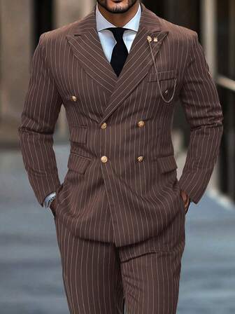 Manfinity Mode Yaka Yakalı, Uzun Kollu, Çift Düğmeli Çizgili Erkek Takım Elbise Takımı