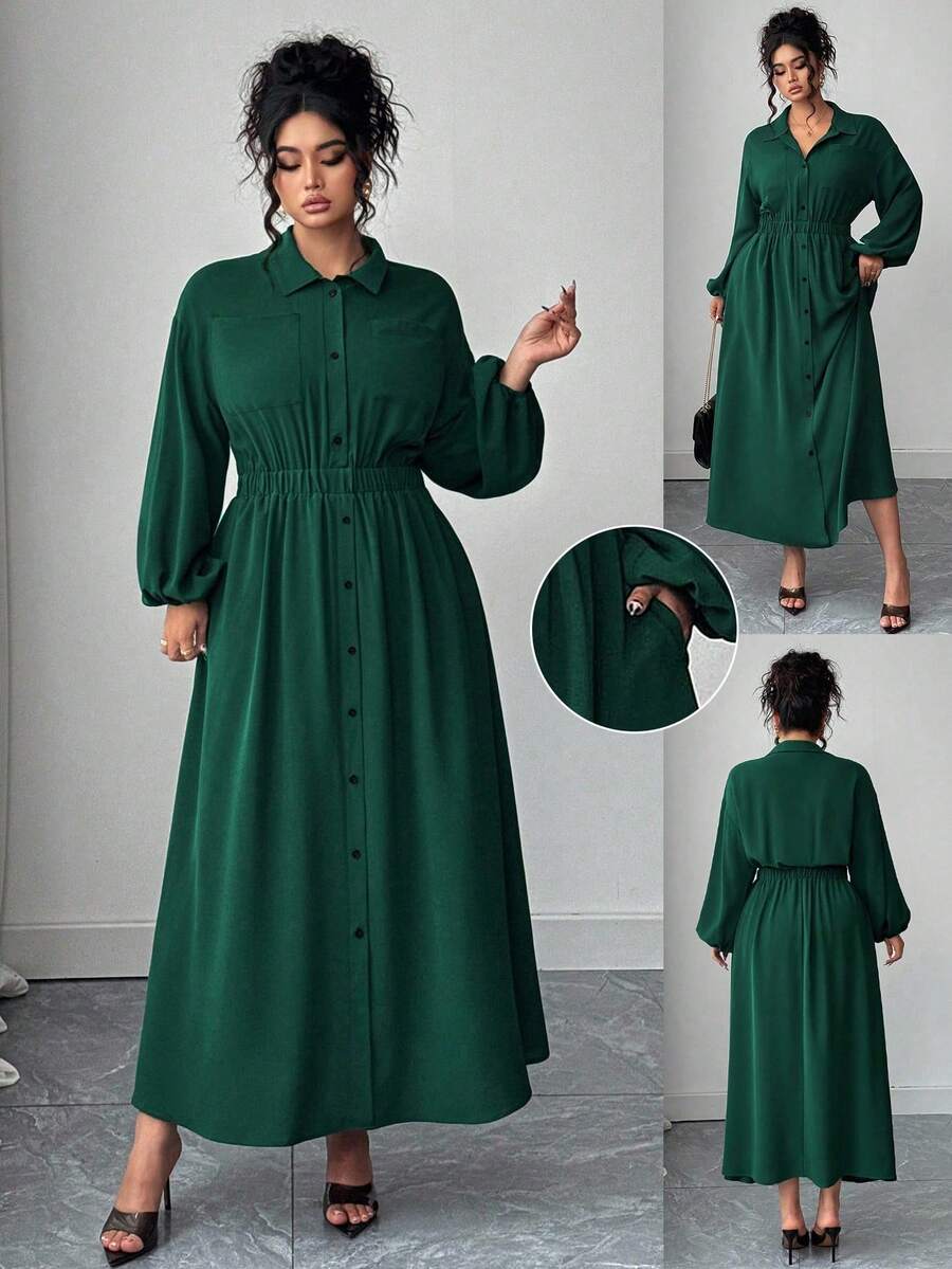 Elenzga Đầm xòe tay đèn lồng màu trơn rộng rãi cỡ lớn cài nút phía trước - Màu xanh lá cây đậm - Xem 1