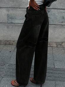 DAZY Loose Fit Vintage Washed Wide Leg Casual Jeans, American Workwear Style - Black - View 2