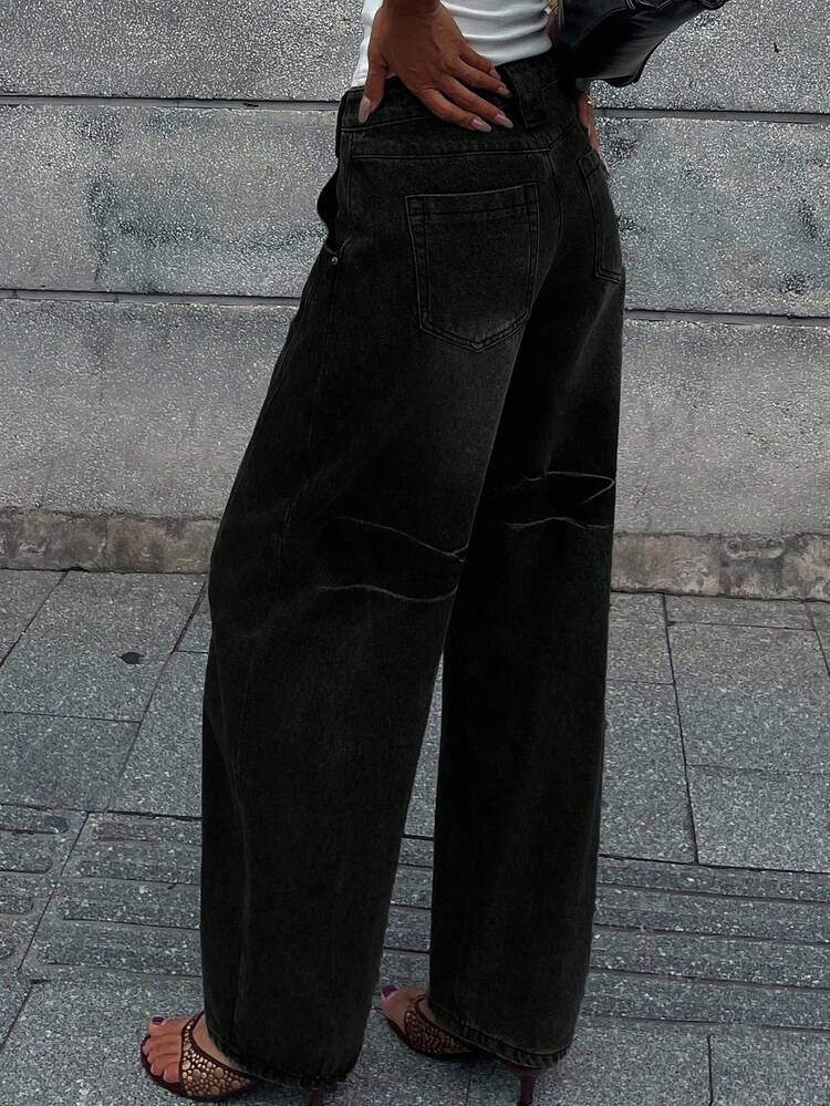 Loose Fit Vintage Washed Wide Leg Casual Jeans, American Workwear Style
