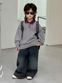 Dazy Kids 男童休闲日常通勤上学风字母刺绣撞色高领宽松针织毛衣，秋冬款