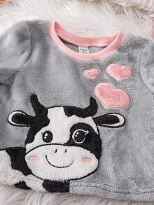 Babygirl Cute Fluffy Cartoon Pattern Pajama Set, Cow Print Sleepwear, Casual Loungewear For Autumn/Winter - Grey - View 4
