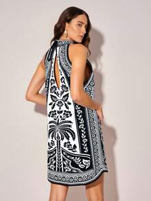 CAJUNI Váy yếm hở lưng họa tiết hoa phong cách nghỉ mát mùa hè dành cho nữ - Đen và trắng - Xem 2