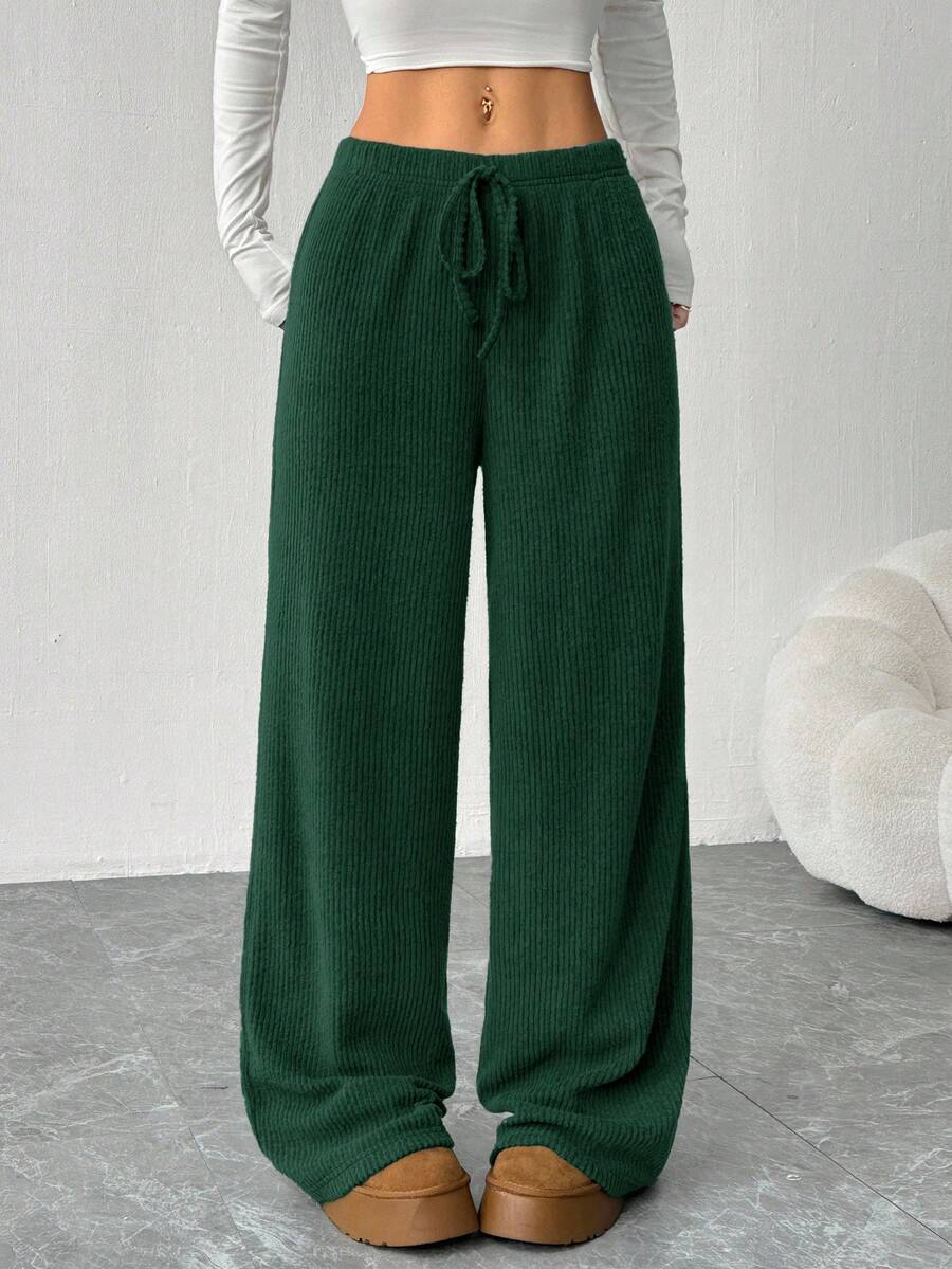 SHEIN EZwear 女士纯色打结休闲百搭阔腿罗纹裤 - 墨綠色 - 查看 1