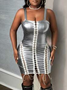 Slaydiva Plus Size Women Sexy Party PU Lace-Up Bodycon Dress - Silver - View 6