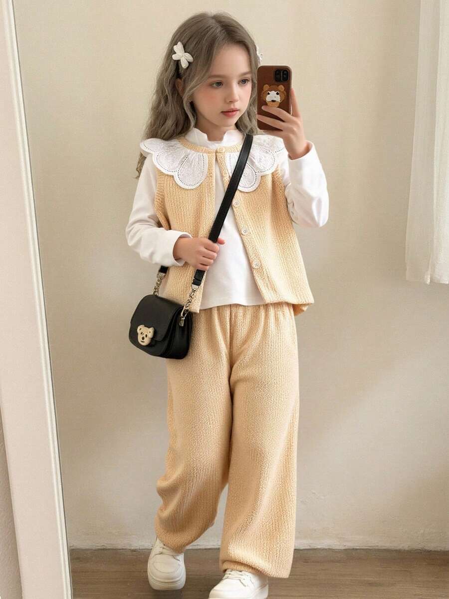 3 قطع/طقم ملابس كاجوال وناعمة للبنات، تشمل سترة صوفية بيج، بنطلون ذو ساق واسعة مطابقة، ولباس علوي بياقة عالية بأكمام طويلة، مريحة وأنيقة للخريف/الشتاء