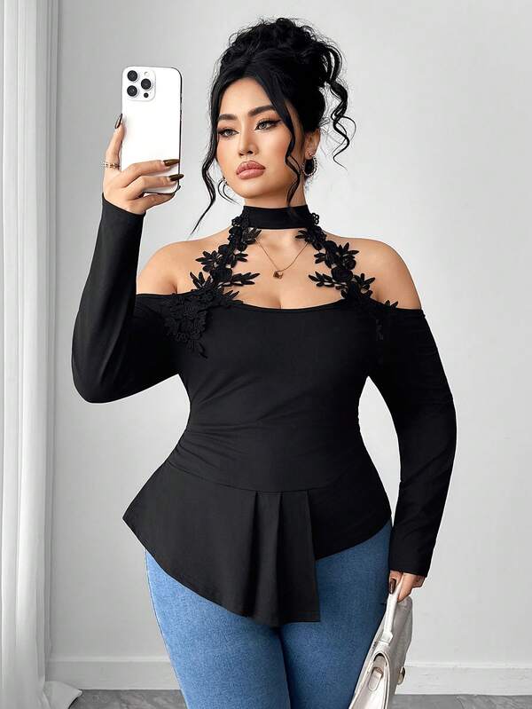 Elenzga Maglietta da donna oversize alla moda, sexy, con spalle scoperte, maniche lunghe e orlo asimmetrico