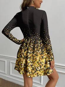 Shutterstock Glamance Gold Star Sequin Rhinestone Embellished Casual Minimalist Women Mini Dress, Waist Cinched, Suitable For Autumn/Winter Women Dress Autumn Dress Star Print Dress Elegant Dress Clasi Dress Gold And Black Dress Women - Multicolor - View 2