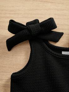 2件套可爱夏季针织纯色蝴蝶结连体衣，适合女婴 - 黑與白 - 查看 6