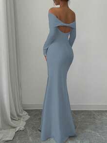 Rafferiza 性感优雅修身长袖束腰双层露肩露背扭纹鱼尾下摆罗纹针织连衣裙，白色，秋冬长款女装 - 霧霾藍 - 查看 2