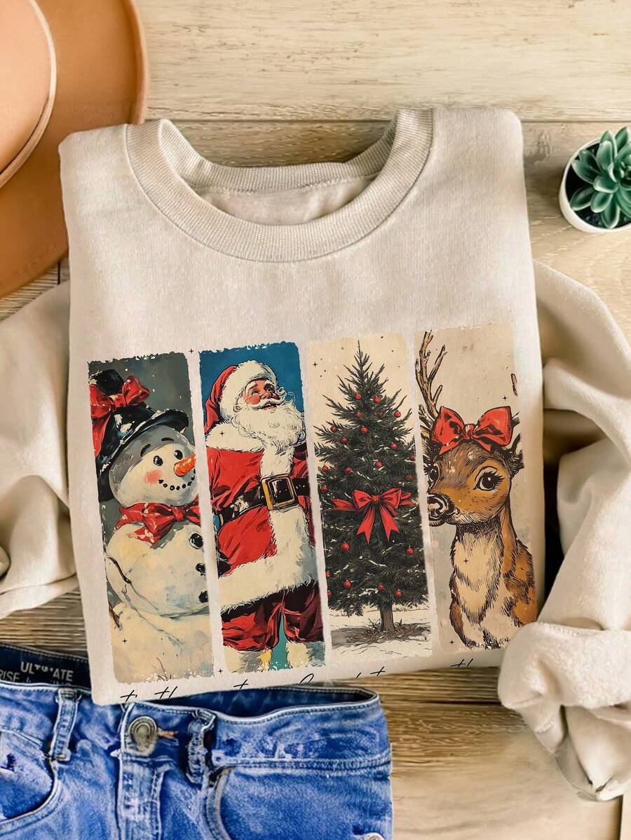 EMERY ROSE Christmas Fashionable Print Dropped Shoulder Crew Neck Sweatshirt For Women - Multicolor - View 1