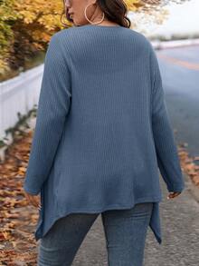 SHEIN LUNE Cárdigan de punto largo de diseño de cuello irregular de moda de invierno talla grande para salir y trabajar - Neblina azul - Ver 3