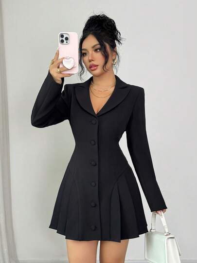 SHEIN PETITE Women's Casual Solid Color Pleated Fitted Dress