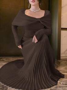 Wynsel فستان كنزة صوفية أنيق بلون أحادي الرقبة المربعة غير متماثل، خريفي رمضان - قهوة بني - مشاهدة 4