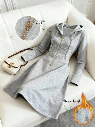 GlowEve Women's Knitted Gold Zipper Decor Hooded Sweatshirt Dress, French Casual Everyday Commute Fashion French Elegant Street Vintage Versatile Holiday Business Cream Beige/Ivory Long Sleeve Dress, Autumn/Winter