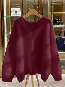 Franclia New Slouchy V-Neck Mohair Soft Knitted Sweater For Women, Spring - Redwood - View 7
