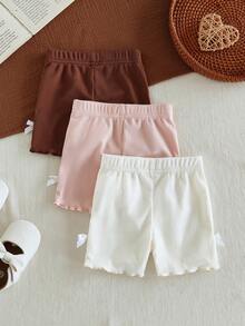 SHEIN Vintaside Kids 3件套女婴幼儿0-3岁春夏新款休闲运动弹力罗纹针织套装，柔和色调，粉色、米色、灰色三色可选，修身短裤，膝上长度，适合居家和户外活动