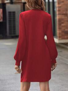 SHEIN 新款黑色V领灯笼袖休闲连衣裙，秋季款 - 紅色 - 查看 2