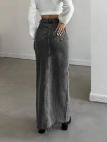 ZIRRA Váy mini denim ôm sát có túi xẻ cao màu trơn dành cho nữ - màu đen - Xem 2