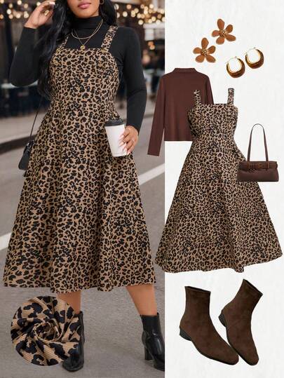 EMERY ROSE Women's Casual Leopard Print Button Strap Dress, Spring/Autumn