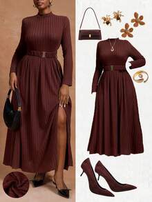 EMERY ROSE Abito lungo a maniche lunghe con collo alto e cintura, tinta unita, stile minimalista, adatto per autunno/inverno - Caffè Marrone - Visualizzare 1
