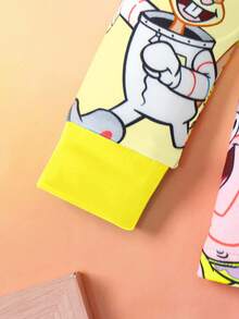 SpongeBob SquarePants | SHEIN 2pcs/Set Young Boy Cartoon Pattern Crew Neck Long Sleeve Top And Pants Knit Casual Stretchy Pajama Set - Yellow - View 5