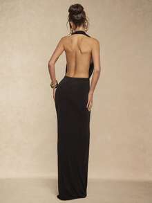 Silquee 女士纯色深V领性感吊带长款针织连衣裙 - 黑色 - 查看 2