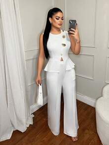 SHEIN SXY 女士纯色简约日常金属扣无袖上衣和纯色裤子套装 - 白色 - 查看 3