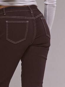 MUSERA Contrast Stitch Skinny Bootcut Denim Jeans Winter Cute Casual Cosy Cherry Lacquer Spring Summer - Maroon - View 3