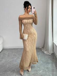 Modelyn 女士优雅露肩蕾丝鱼尾长裙，秋冬款 - 卡其色 - 查看 5