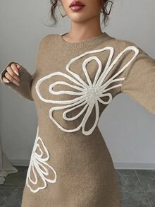 Elenzga Gaun Rajut Elegan dengan Dekorasi Bunga 3D, Musim Gugur/Musim Dingin - Khaki - View 7