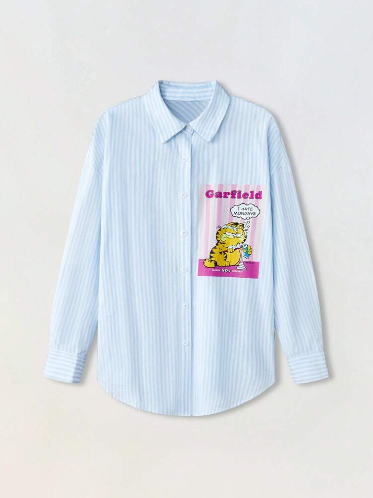 SHEIN Maija レディース ストライプ&カートゥーンパターン フロントボタン 長袖シャツ