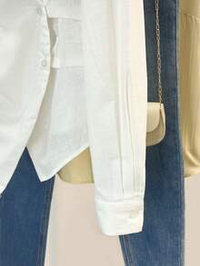 Resyla 女士纯色收腰长袖衬衫，腰部褶皱设计，纽扣袖口 - 白色 - 查看 7