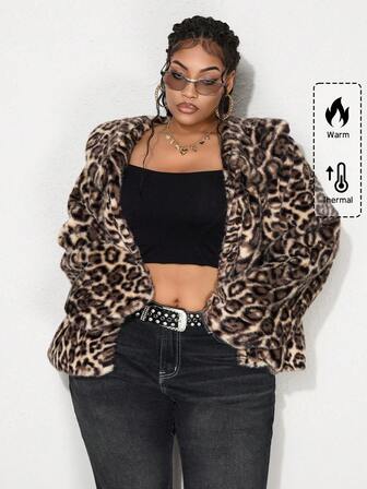 Grunge Punk Giacca lunga con maniche in finta pelliccia e stampa leopardata, taglie comode