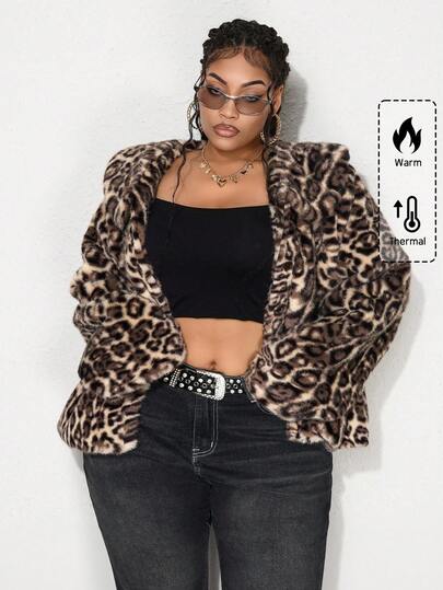 Grunge Punk Chaqueta de manga larga con estampado de leopardo y apertura frontal de piel sintética para tallas grandes