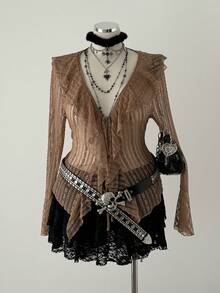 Sunspun Plus Size Women's Casual Blouse With Ruffle Trim, Punk Palace Style Long Sleeve Shirt - Khaki - View 7