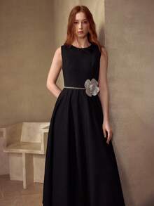 MOTF PREMIUM RHINESTONE FLORAL DECOR SLEEVELESS DRESS - Black - View 5