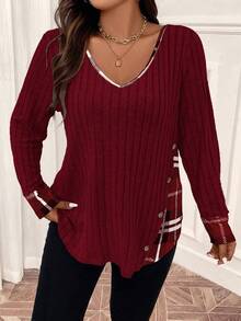 EMERY ROSE Plus Size V-Neck Plaid Printed Long Sleeve Ribbed T-Shirt Graphic Tees Women Tops For Spring - Red - View 3